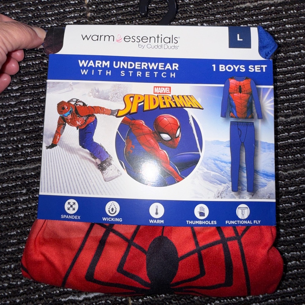 Warm Essentials Cuddl Duds Spider-Man Boys L 10/12 NEW Thermal Underwear Set